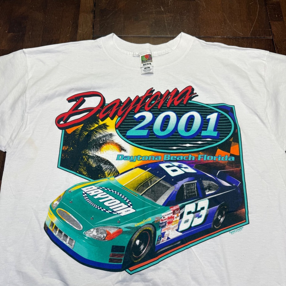 Vtg Daytona 2001 Racing Fruit of the Loom T-Shirt Mens XL White Graphic Car #63 - Picture 2 of 6